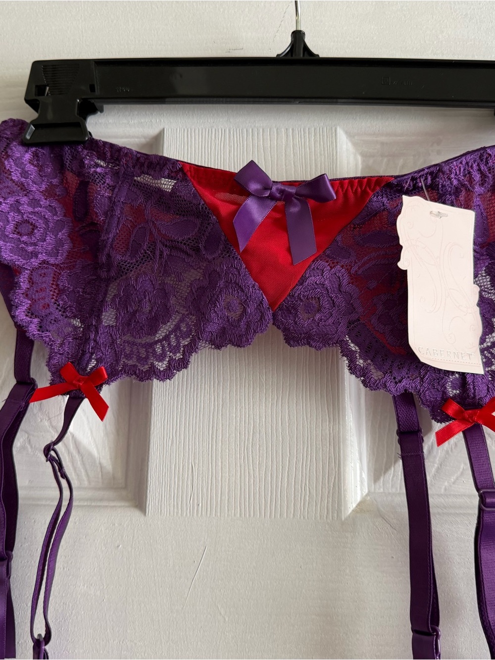 Cabernet Purple Lace Garter Belt with Red Satin Accents